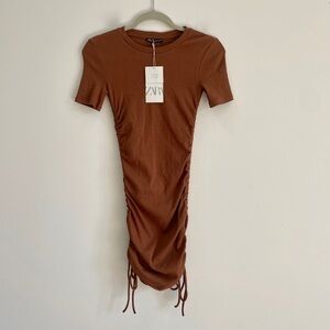 NTW Zara Brown Rouched Ribbed Bodycon T-Shirt Casual Cotton Dress Small